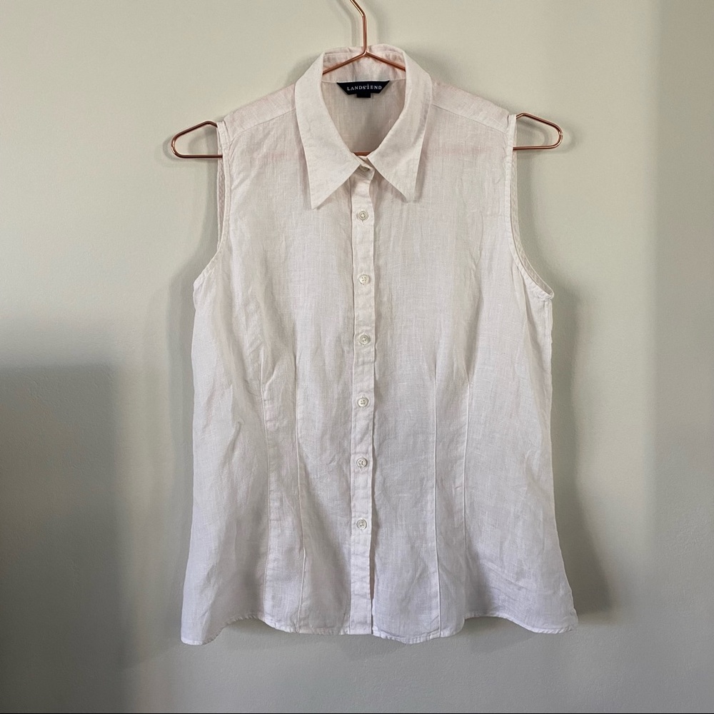 Land’s End White Linen Sleeveless Button Up Coastal Top Size 10